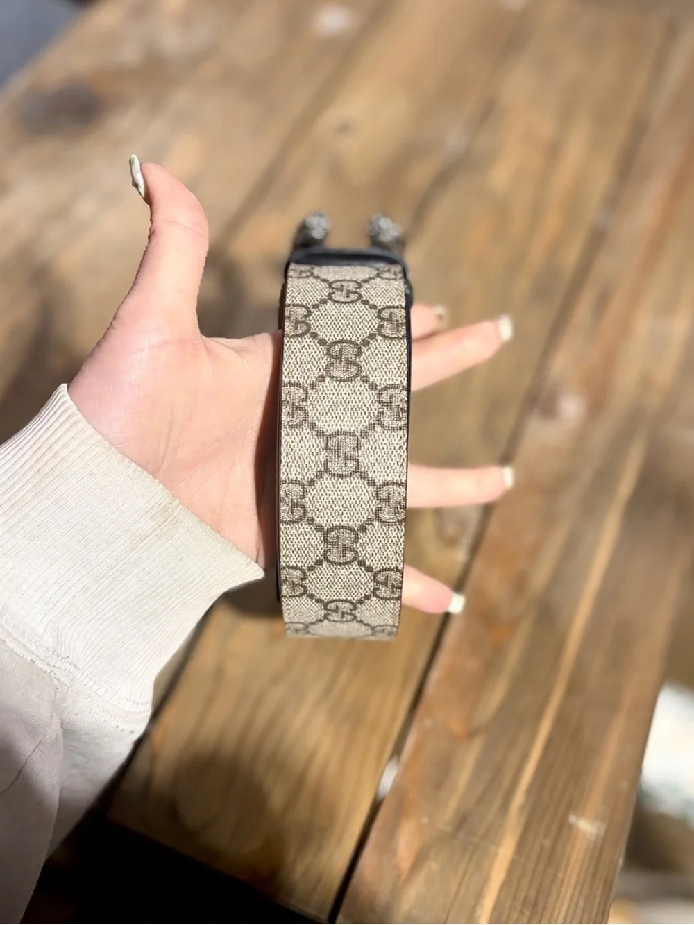 Gucci – Dionysus GG Supreme Canvas Belt Double Tiger Head – Beige/Black – Sz. 36
